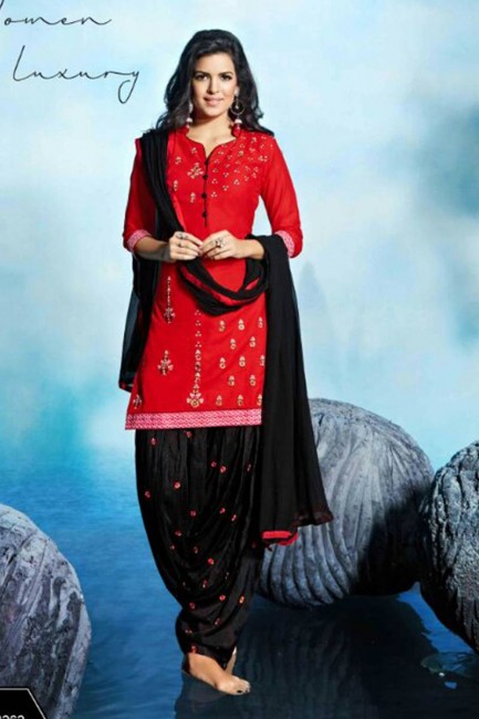 Traditional red Cotton Patiala Suit