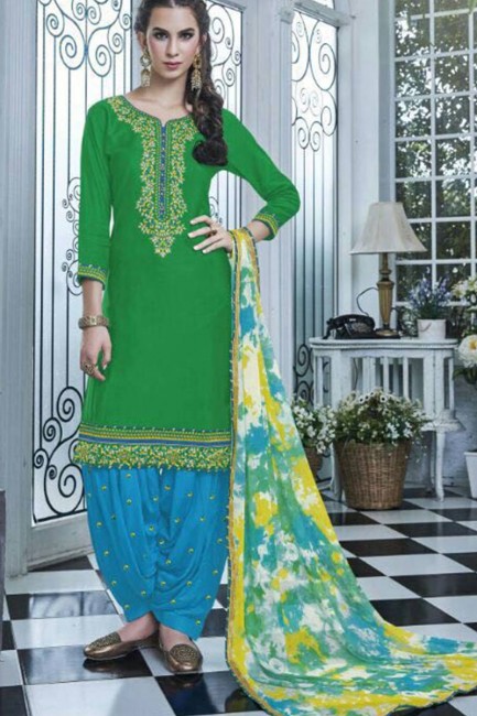 Ravishing Green Cotton Patiala Suit