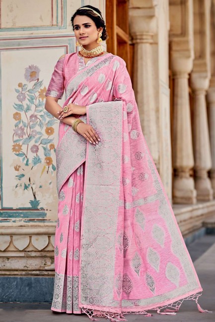 Weaving Linen Pink Saree with Blouse