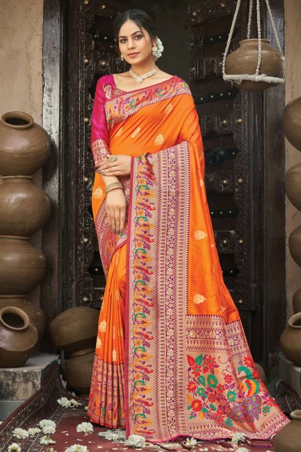 Silk Orange Saree in Weaving