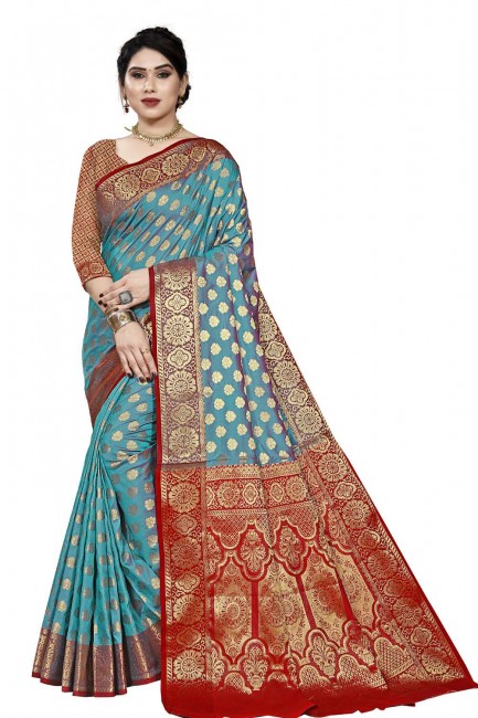 Weaving Turquoise blue Saree with Blouse Silk