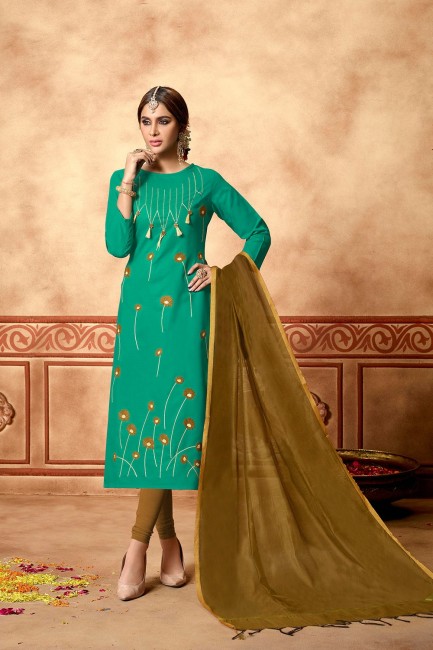 Turquoise  Churidar Suits in Cotton with Cotton