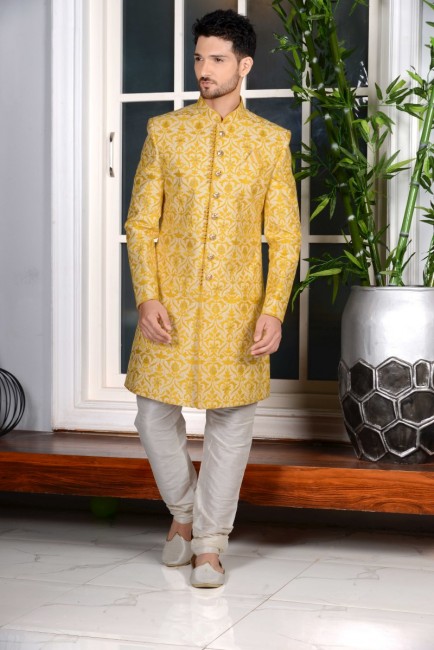 Yellow Banarasi Silk Brocade Indo Western Indo Western
