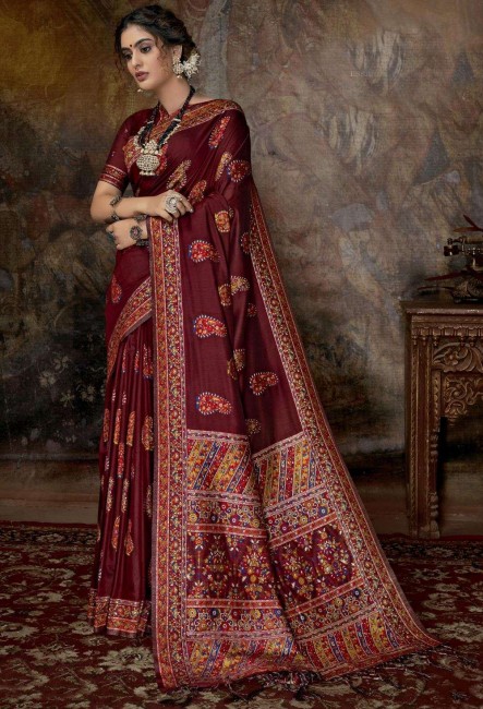 Silk Saree with Printed in Maroon