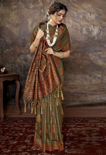 Silk Printed Olive Green Saree with Blouse