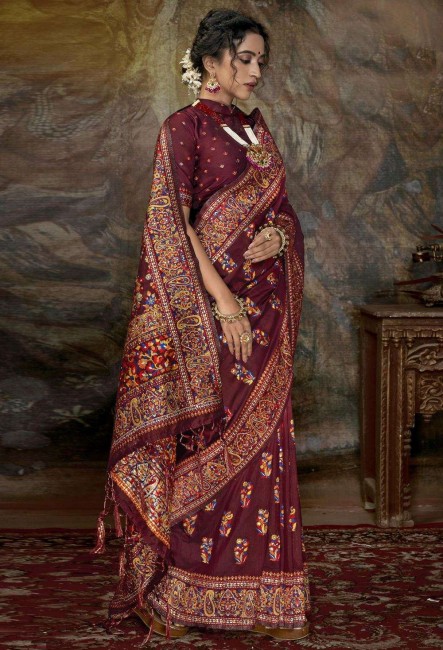 Saree in Maroon Silk with Printed