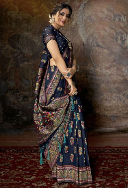 Enticing Printed Silk Saree in Navy Blue with Blouse