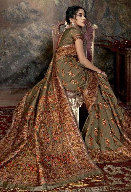 Saree in Olive Green Silk with Printed