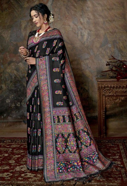 Black Saree in Printed Silk