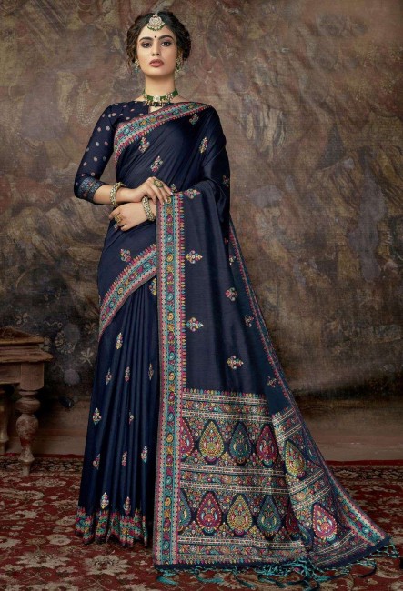Silk Saree in Navy Blue with Printed