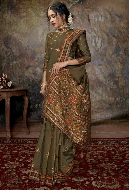 Printed Saree in Olive Green Silk