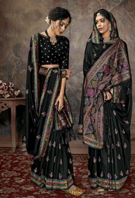 Black Printed Saree in Silk