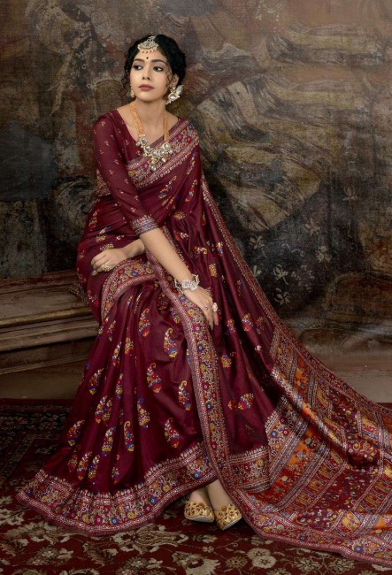 Printed Silk Saree in Maroon