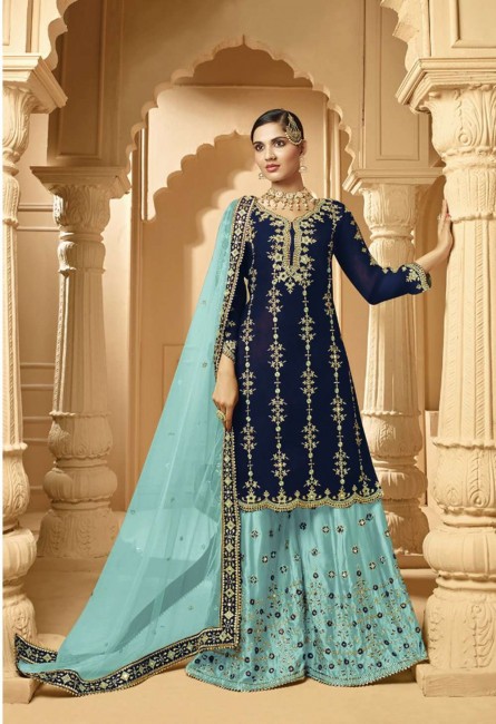 Ethinc Navy Blue Georgette Sharara Suit with Georgette