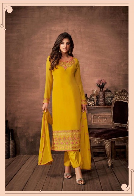 Straight Pant Suit in Yellow Georgette with Georgette