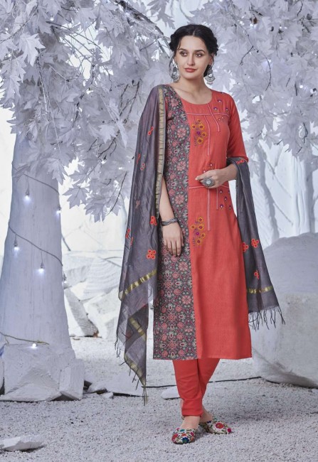 Coral  Churidar Suit in Cotton