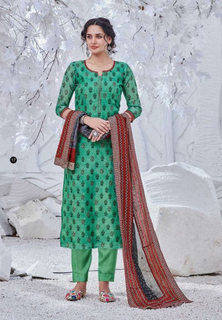 Green Straight Pant Suit with Chanderi