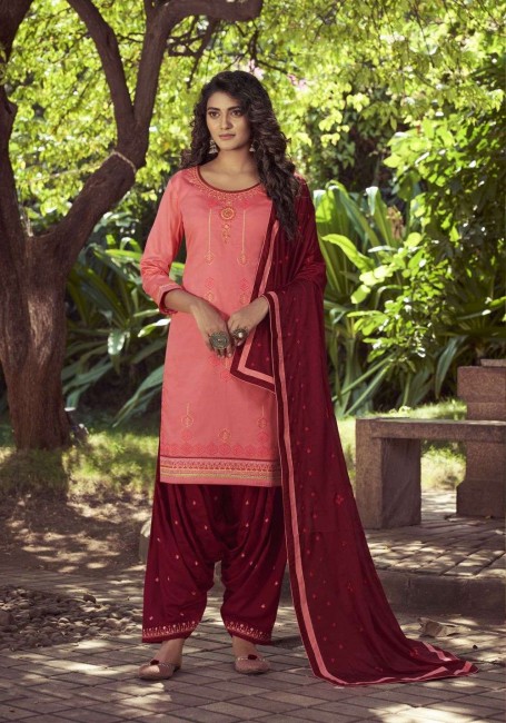 Pink Patiala Salwar Patiala Suit in Satin with Cotton
