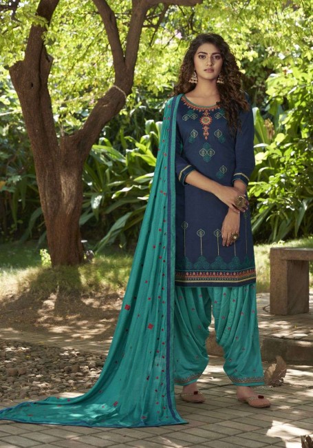 Cotton Satin Patiala Suit in Blue with dupatta