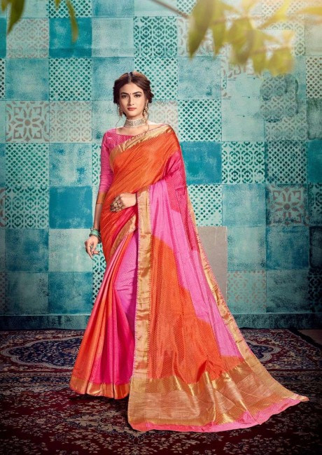 Saree in Orange Polyester with Printed