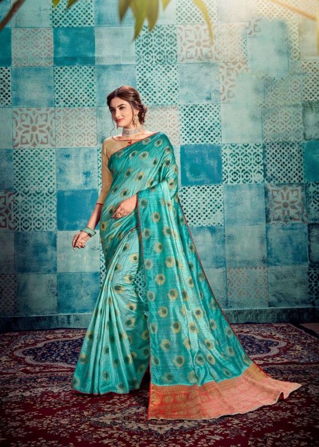 Blue Printed Saree in Tussar Silk