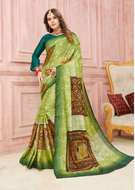 Green Saree with Printed Art Silk