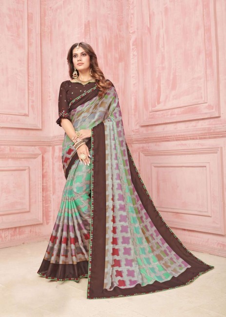 Printed Tussar Silk Saree in Multicolor with Blouse