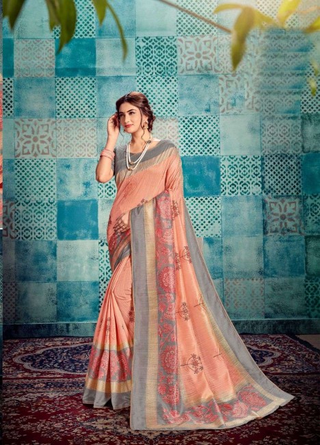 Printed Silk Peach Saree Blouse