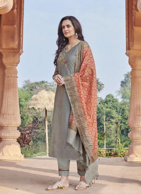 Grey Chanderi Straight Pant Suit with Chanderi