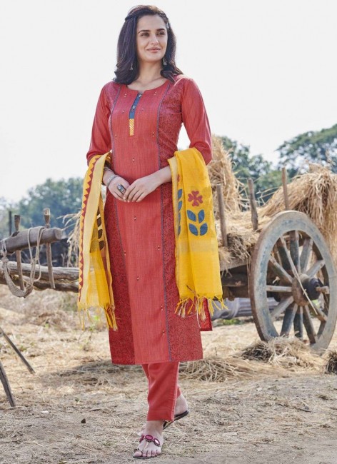 Cotton Straight Pant Suit with Bhagalpuri in Rust 
