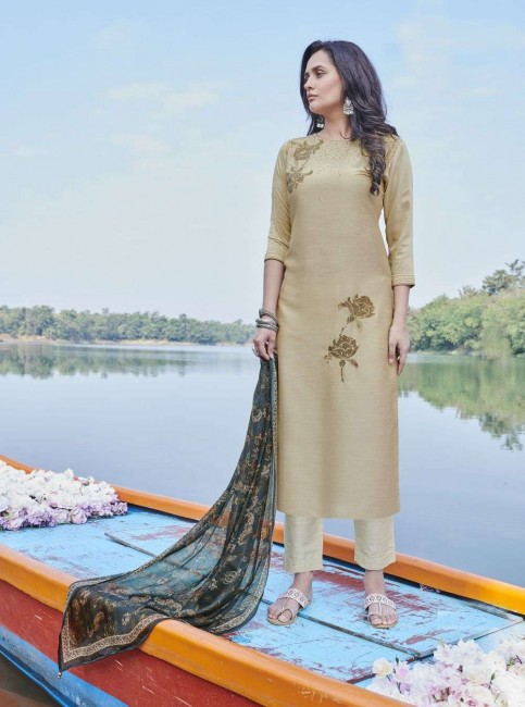Beige Chanderi Straight Pant Straight Pant Suit with Chanderi