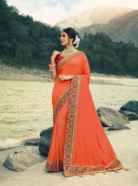 Silk Orange Saree in Embroidered