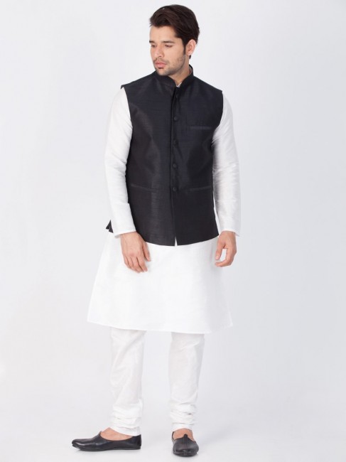 Alluring White Cotton Silk Ethnic Wear Kurta Readymade Kurta Payjama With Jacket
