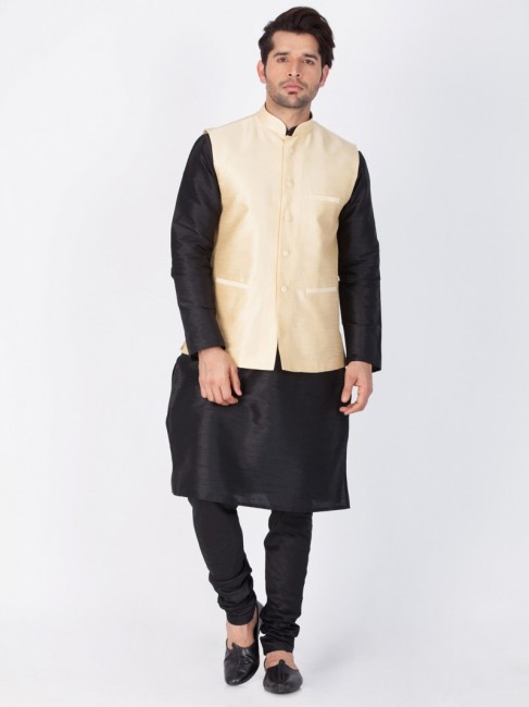 New Black Cotton Silk Ethnic Wear Kurta Readymade Kurta Payjama With Jacket