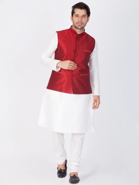 Dazzling White Cotton Silk Ethnic Wear Kurta Readymade Kurta Payjama With Jacket