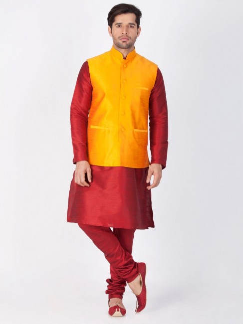 Ravishing Maroon Cotton Silk Ethnic Wear Kurta Readymade Kurta Payjama With Jacket