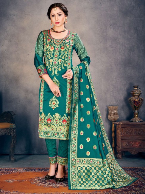 Straight Pant Suit in Teal Green Art Silk with Art Silk