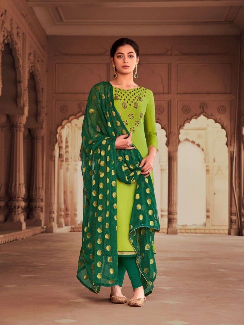 Silk Churidar Suit in Light Green Silk