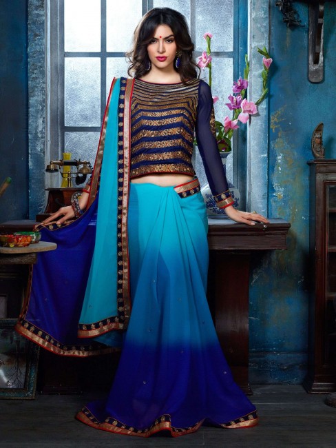 Chiffon Embroidered Saree in Blue