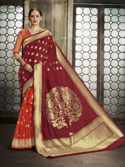 Maroon Saree in Banarasi raw silk with