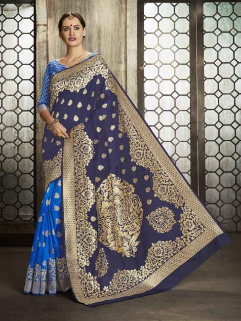 Navy blue Saree in Banarasi raw silk with