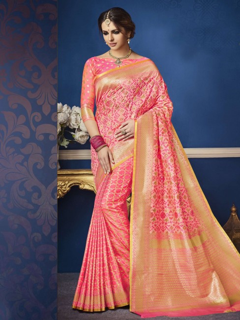 Saree in Pink Banarasi raw silk with