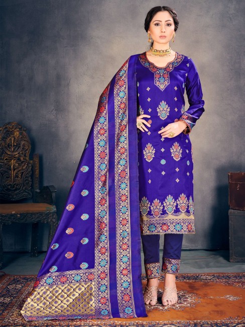 Blue Art Silk Salwar Kameez in Art Silk