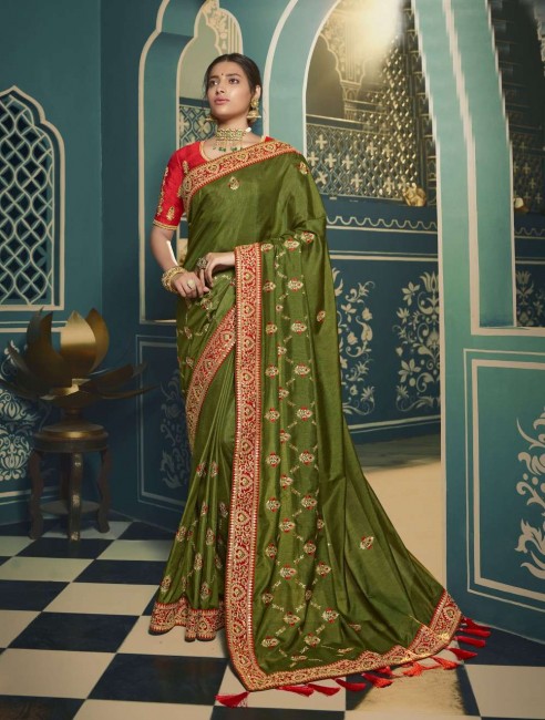 Ethinc Green color Silk saree