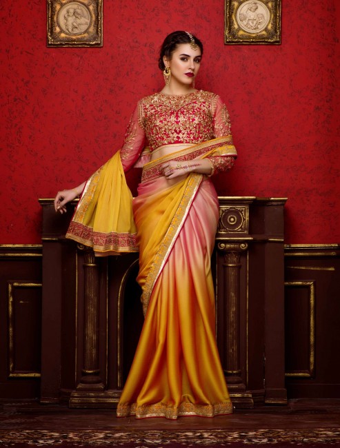 Chiffon Saree with Embroidered in Yellow