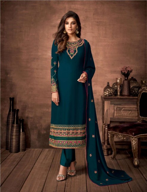 Rama Green Straight Pant Suit in Georgette with Georgette