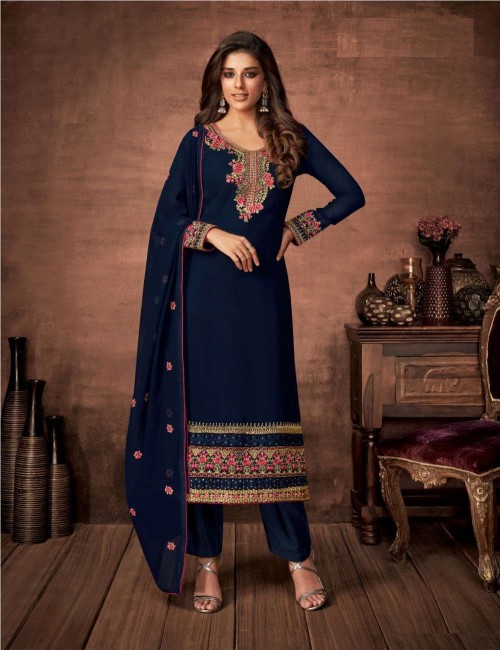 Georgette Straight Pant Suit with Georgette in Navy Blue