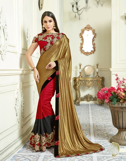 Golden & Maroon color Lycra, Art Silk & Net saree