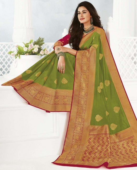 Dazzling Saree in Green Silk with Weaving
