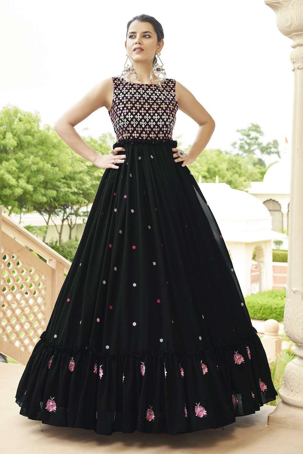 Printed Diwali Georgette Gown Dress in Black UK - GW0365